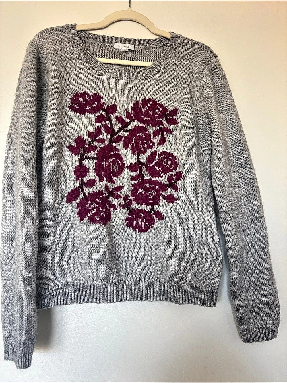 Garnet Hill Rose Floral Intarsia Knit Crew Neck Sweater
